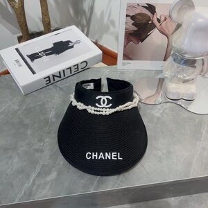 Chanel Pearl Trim Black Straw Sun Visor